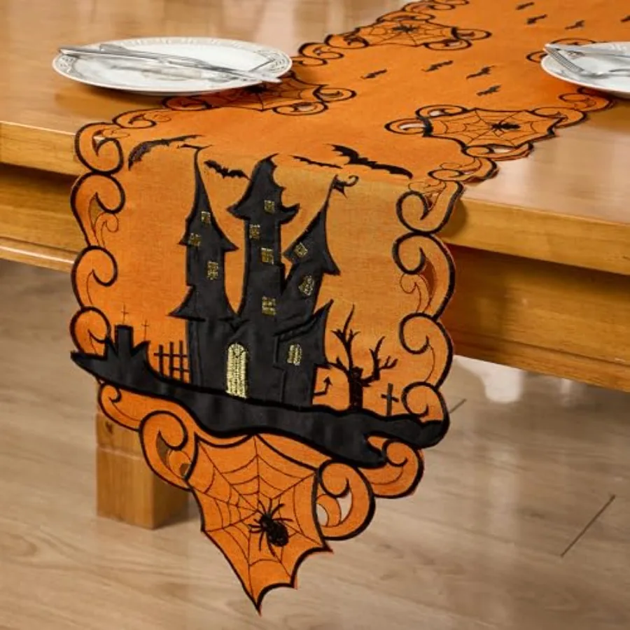 AMARED هالوين الجدول عداء المطرزة مخيف الخفافيش العنكبوت مضمد وشاح لخريف عطلة الديكور 13X69 Ih