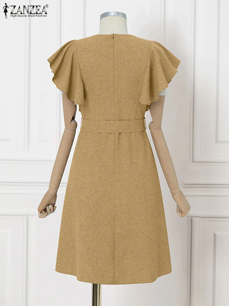 ZANZEA élégant femmes bureau dame robe été à manches courtes à volants robes décontracté couleur unie col carré fête Midi robe d'été