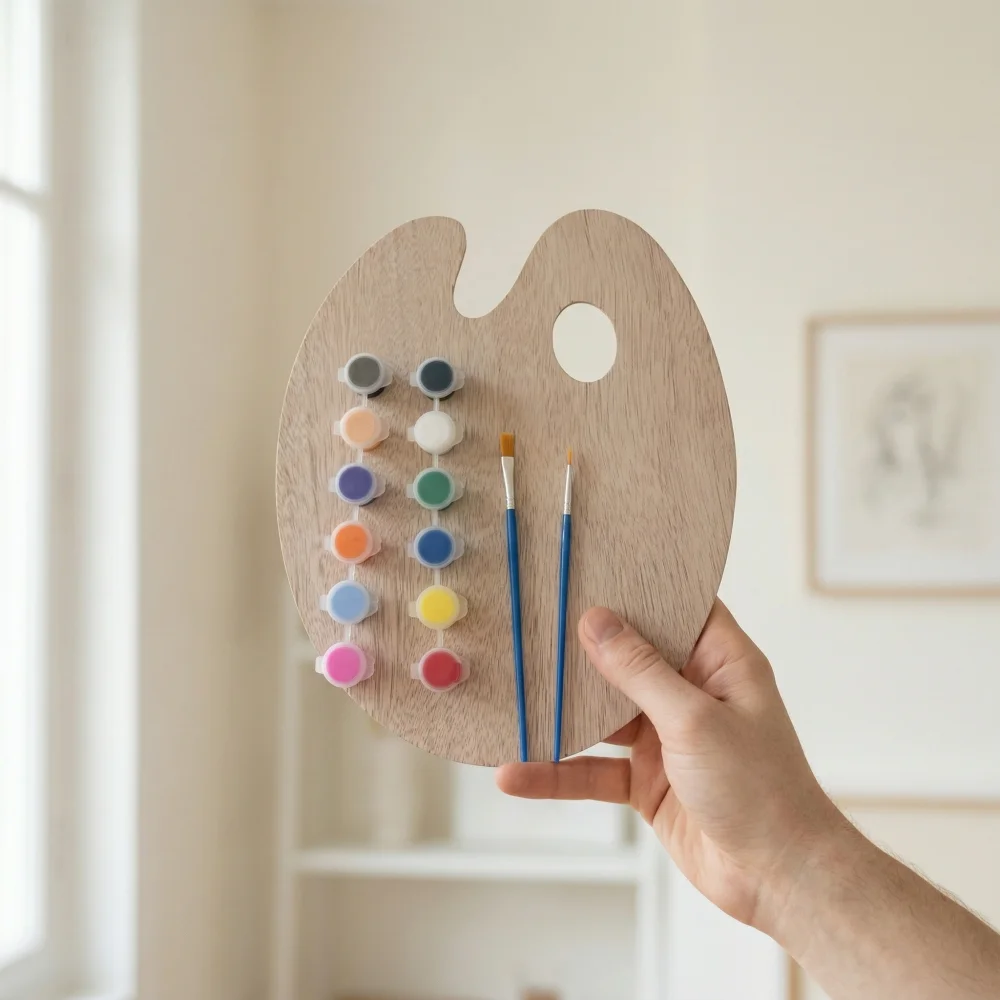Wooden Paint Palette Set with 12 x 3ml Acrylic Paints & 2 Br