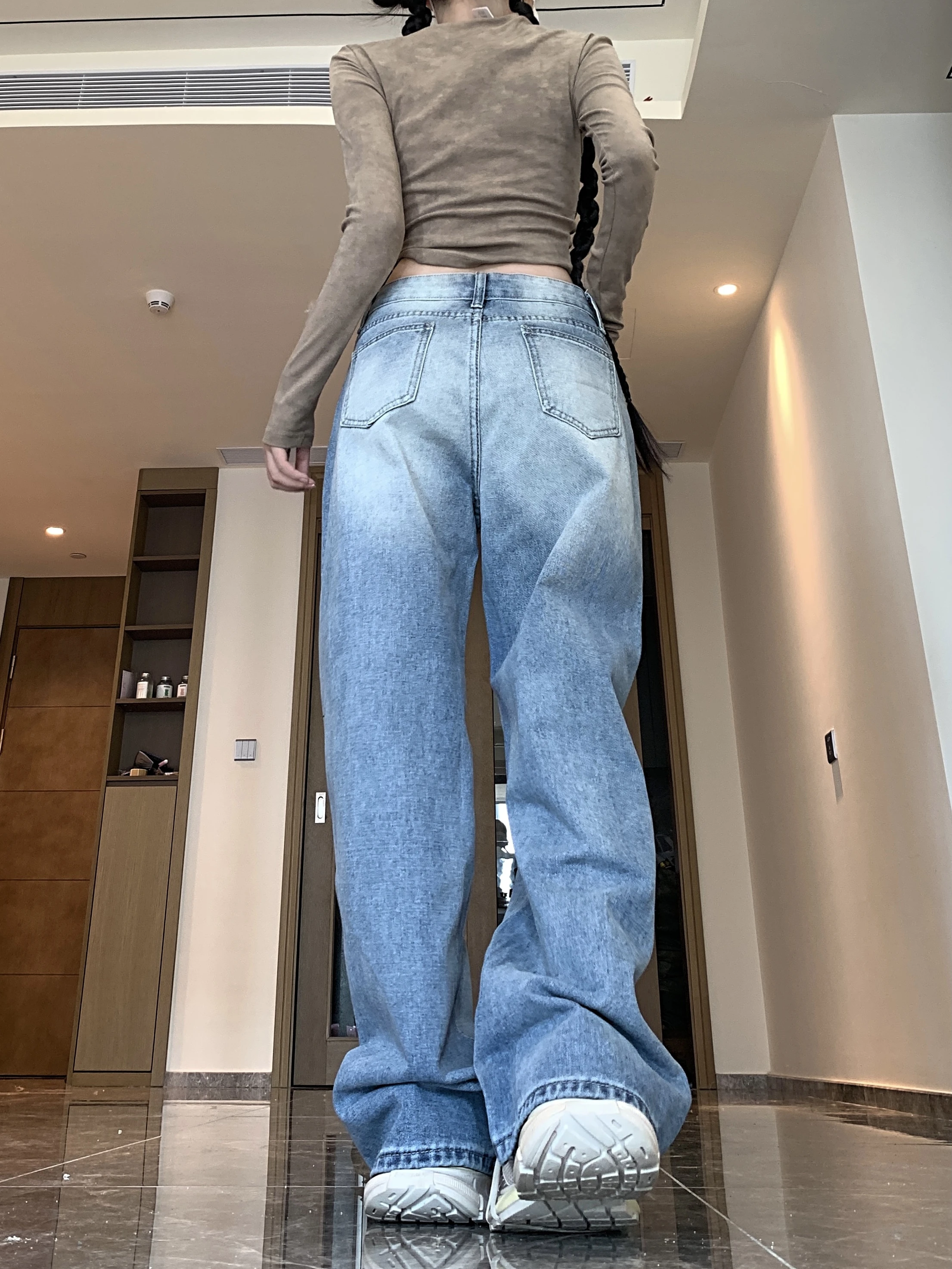 Primavera nova rua retro americana lavada jeans retos calças de perna larga feminina