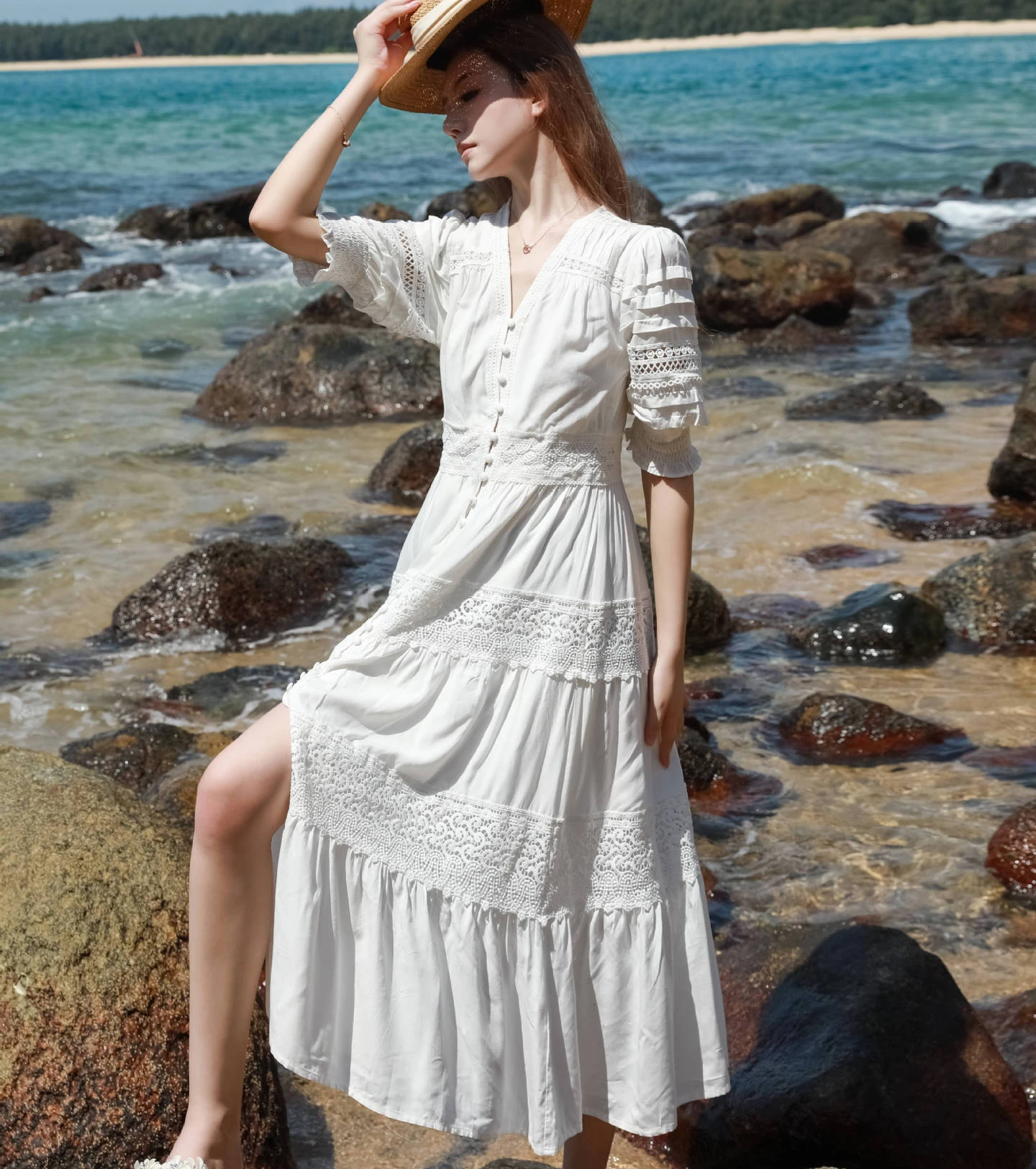 Imagem -03 - Vestido de Renda Branco Longo Feminino Decote em v Manga Folhada Casual Boho Moda Praia Vestido Vintage Alta Qualidade 100 Algodão Verão