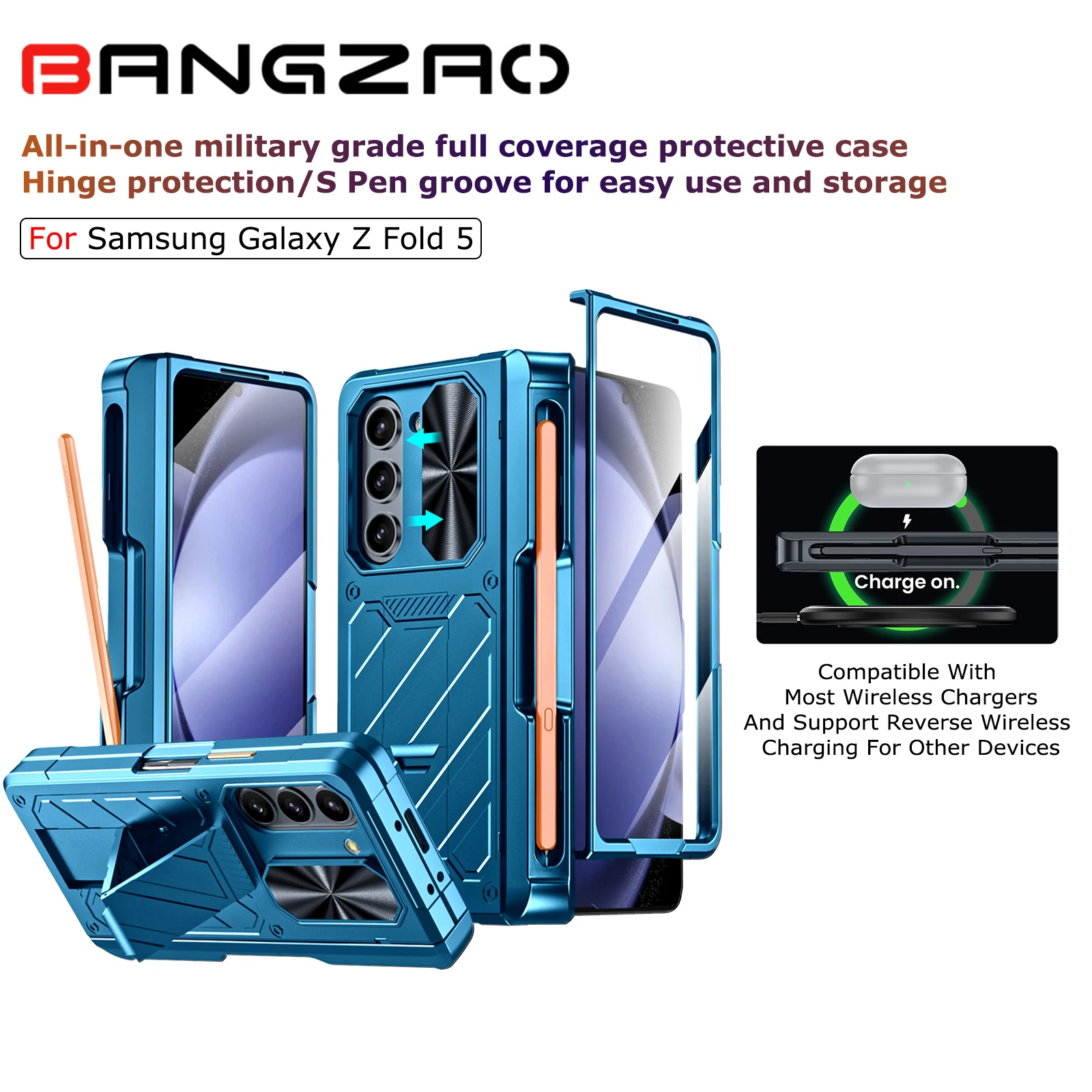 Full coverage HD tempered protective film military grade protective case with hinged pen tray for Samsung Galaxy Z Fold 5