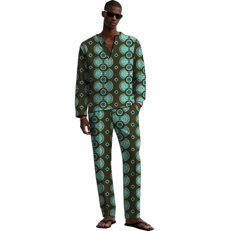 

Men's Set V-neck Tops Patch Waist Pants African Print Tailor Made Male Ankara Outfits Party Wear