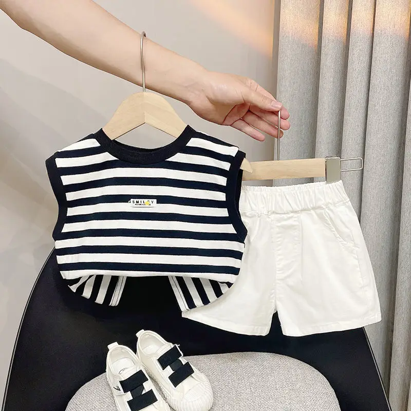 2023 Summer Striped Printed Children's Casual Round Neck Breathable Loose Sleeveless Vest Collocation Solid Color Shorts Sets