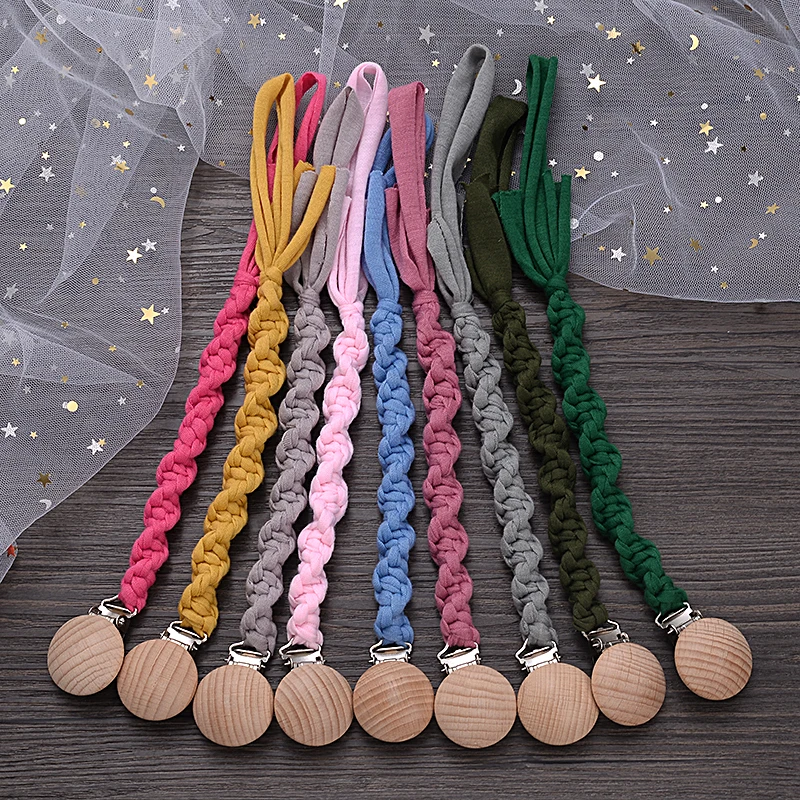 Simple Colorful Handmade Woven Cotton Baby Dummy Holder Chain Wooden Pacifier Clip For Baby Soother Chain Teether Chew Toys