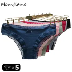 Moonflame Women's Pantie 5 pcs/lots Female Lingerie Solid Color Sexy Lace Cotton Briefs Woman Panties 89647