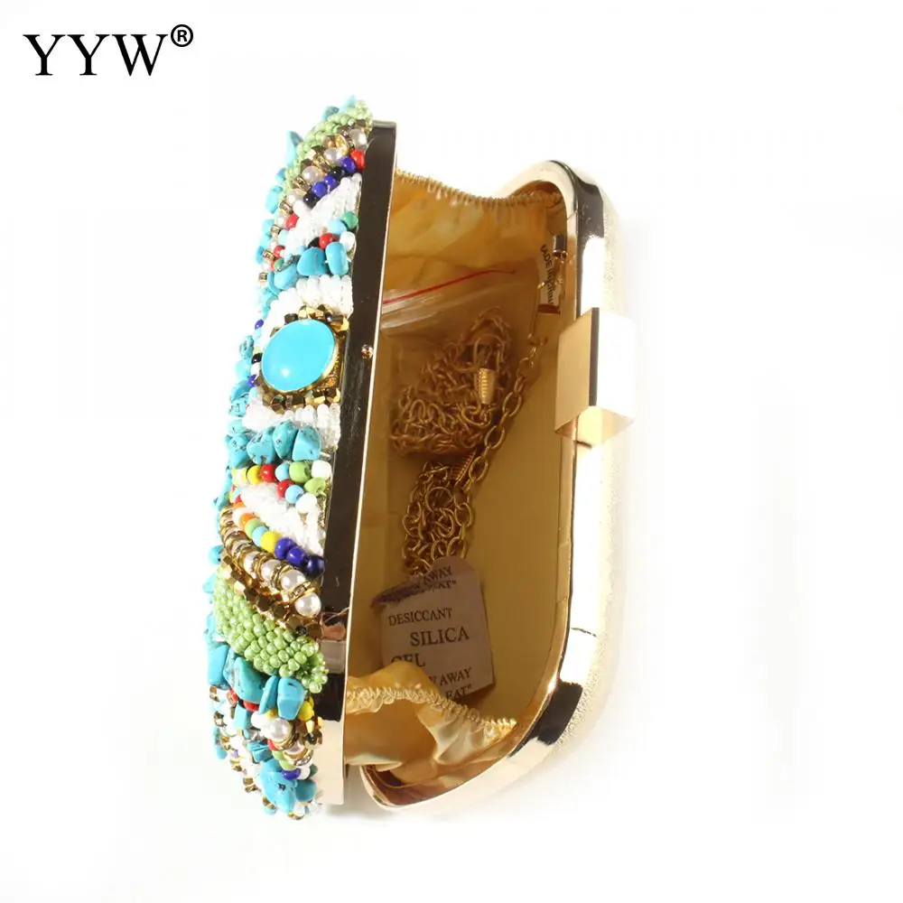 2023 Multicoloured Stone Bohemia Beading Evening Clutch Bags Contrast Rainbow Colors Hand Bags Women Wedding Party Purse Clutch