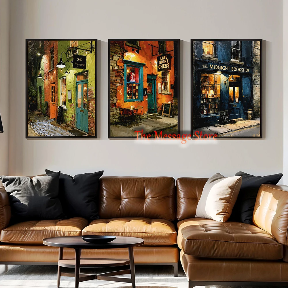 Florist Shop Midnight Bookshop Chess Cafe Neon Karaoke Street Corner Store Poster Canvas Painting Wall Pictures Retro Home Decor