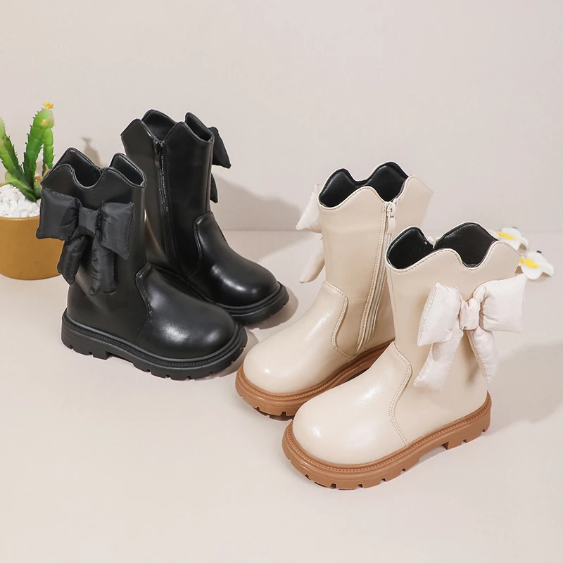 

Детские кожаные ботинки с большими бантами, детские сапоги до середины икры, однотонные универсальные ботинки принцессы для девочек, осень-зима 202, корейский стиль