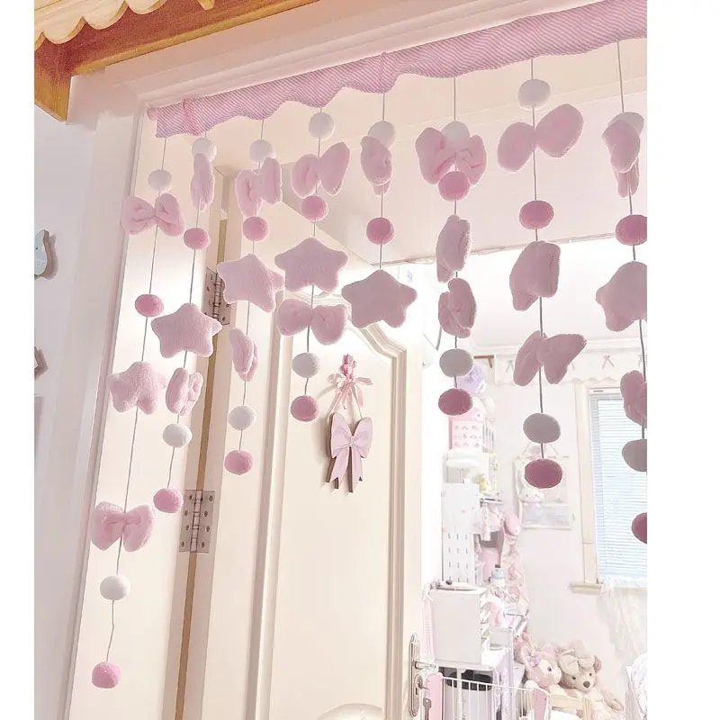 Arc Heart Stars Bow Curtains Door Curtain Short Romantic Tassel Pelmet Girls Room Sweet Bead Window Valance Door Blackout Pink