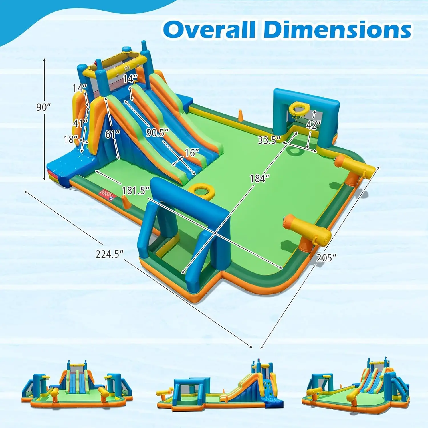 Corrediça de água inflável, 19x17FT Mega Water Slide Park Slides duplos longos para diversão de corrida com parede de escalada dupla, grande piscina de respingo, Wa