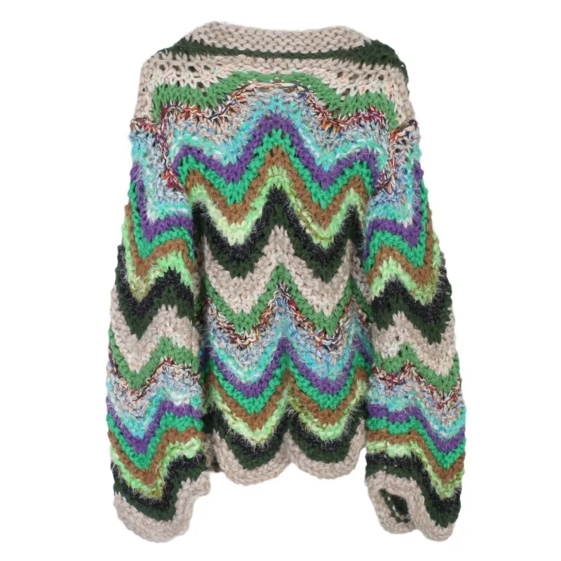Wave Pattern Colorful Sweaters Single Breasted Loose O-neck Knitted Coats Color Clash French Casual Fancy Short Outerwears Fancy