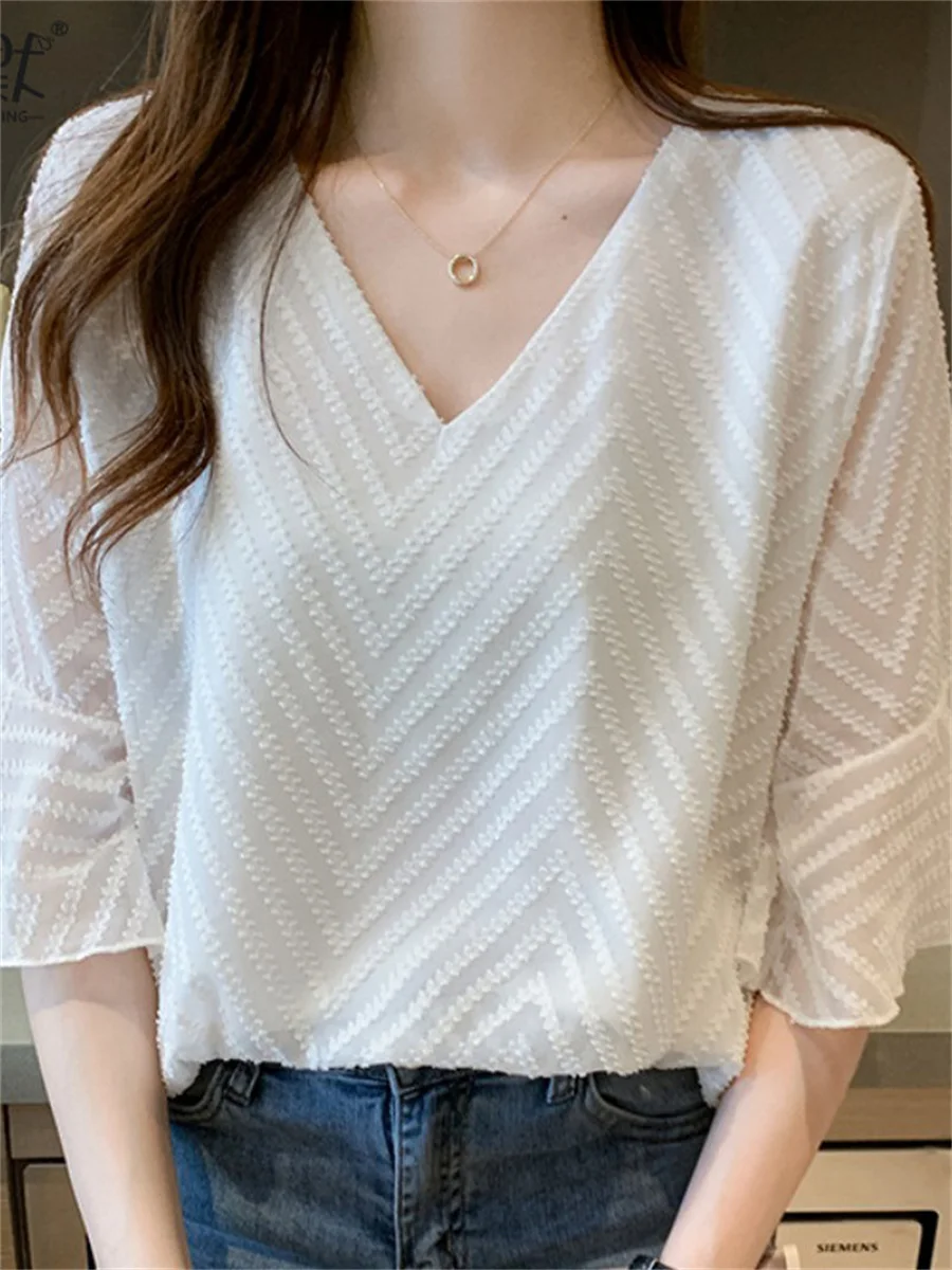 

Белая шифоновая блузка с коротким рукавом для женщин, летняя, тонкая, свободного кроя, скрывающая живот, универсальная, с V-образным вырезом, для похудения