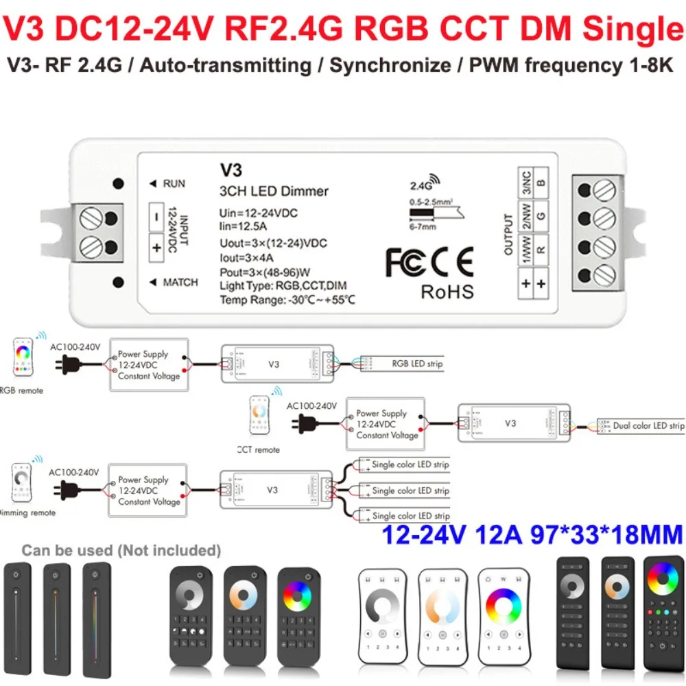 Professional Constant Voltage LED Controller DIM/CCD/RGB DC12-24V Light Strip Driver PWM RF2.4GHz LED Dimmer Home