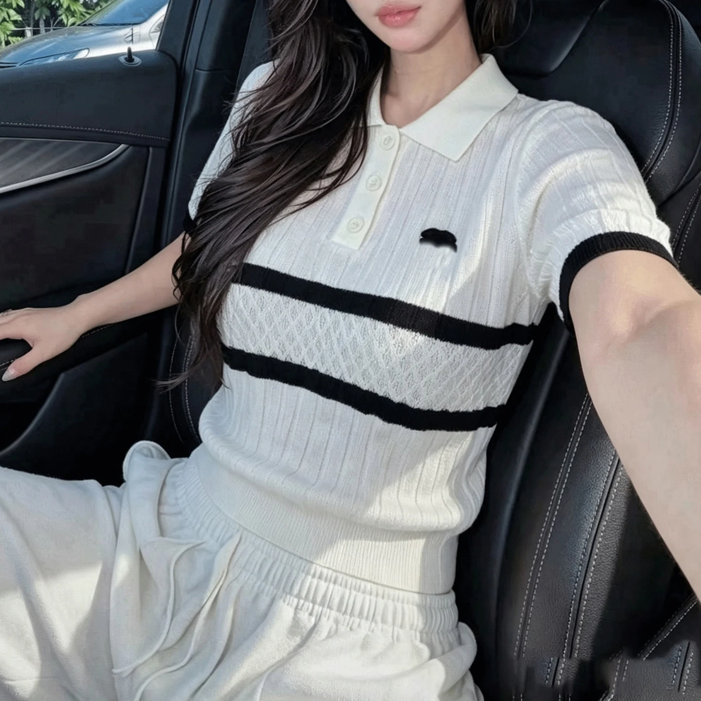 Summer new women's clothing polo collar contrasting striped knitted short-sleeved women's summer age-reducing and thin top