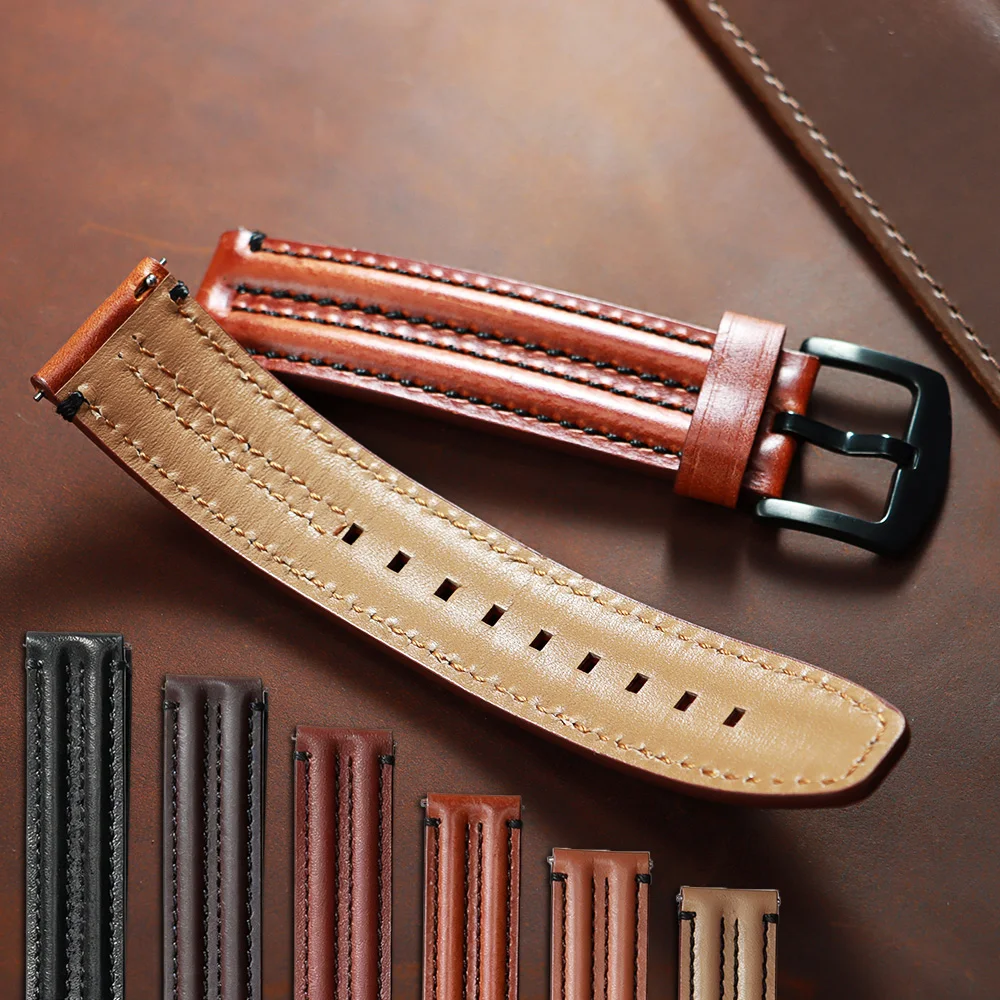 

20mm 22mm 24mm Genuine Cowhide Strap Vintage Brown Black Premium Leather Watch Band Quick Release Bracelets Women Men WristBelt