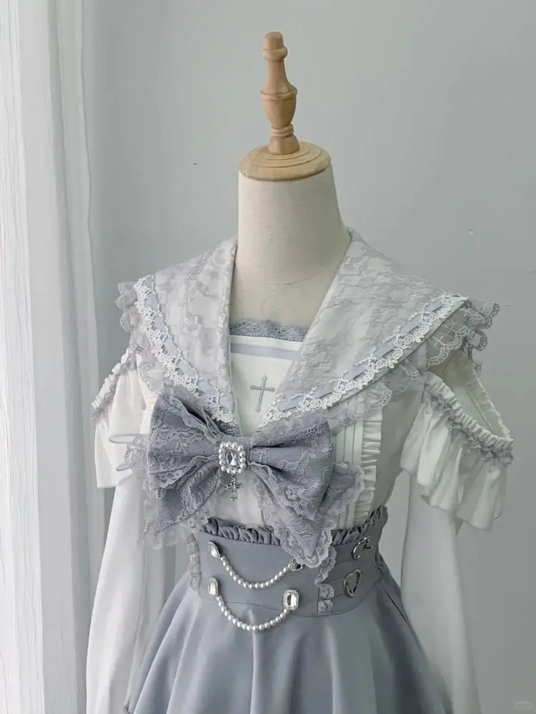Japanese Sweet Gothic Lolita 2 Piece Skirt Set Women Sailor Collar Lace Bow Decor High Waist Ruffle Hem Casual Party Outfit 2026 view 5
