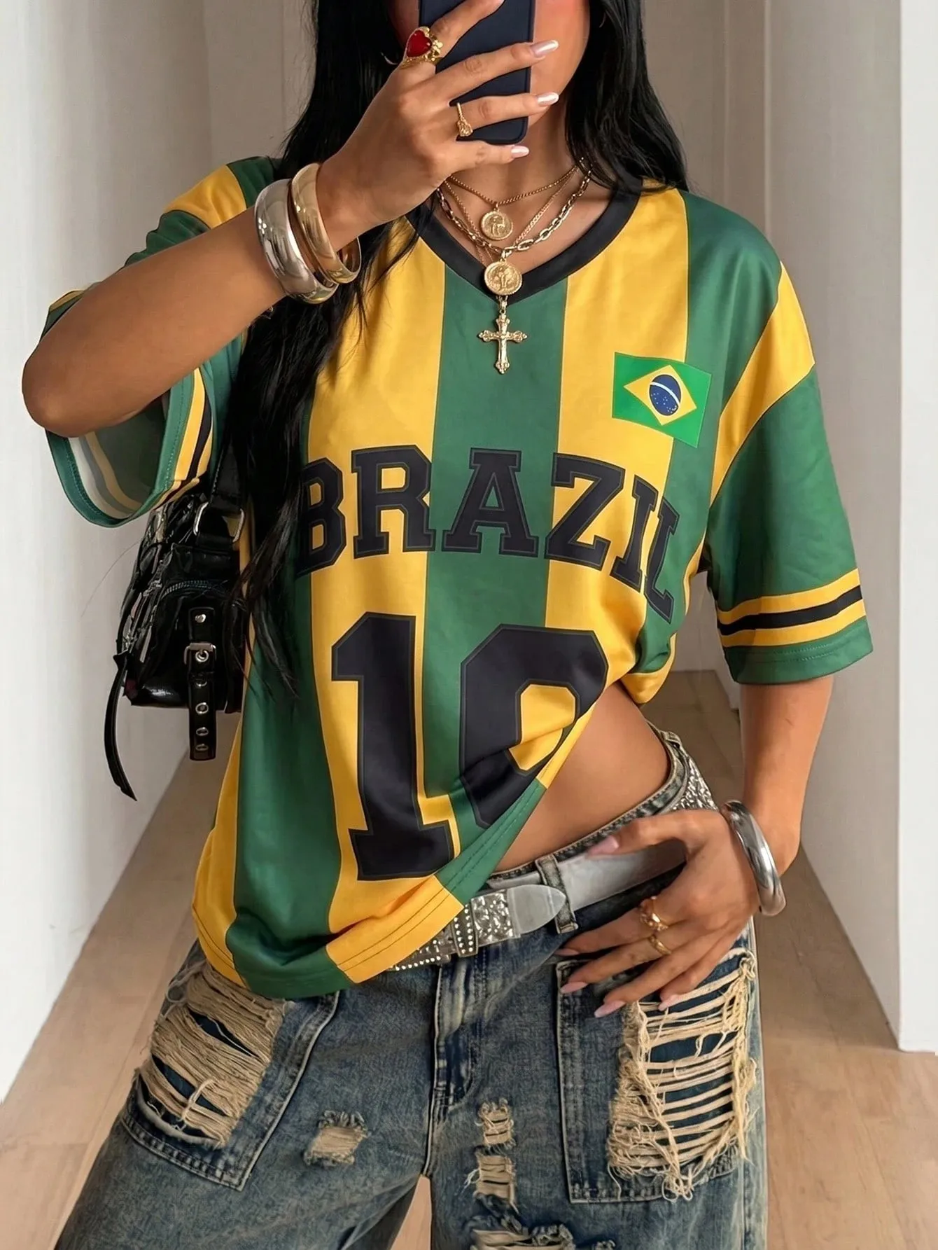 Camiseta de Apoyo a la Selección Nacional de Brasil, España, Jamaica, Verano 2026, Camiseta Estampada, Camiseta Holgada Informal con Cuello en V para Mujer, Camiseta para Hombre