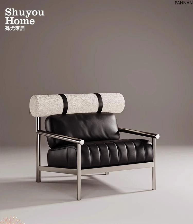 

Medieval Bauhaus leather cloth sofa chair hotel homestay designer furniture stainless steel black leisure chair