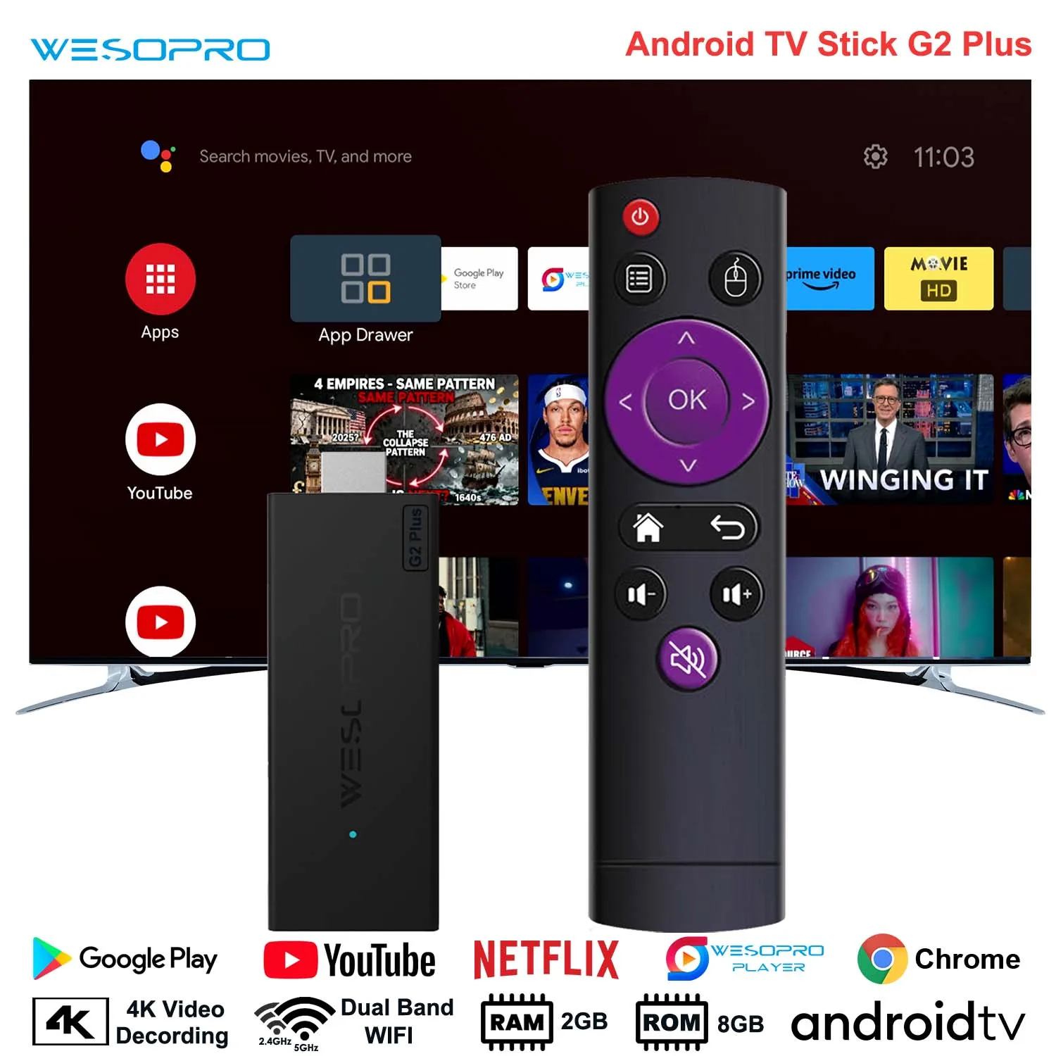 WESOPRO Android TV Stick G2 plus IPTV Dongle 4K Streaming Media Player 2GB RAM 8GB ROM ثنائي النطاق Wifi يدعم 2.4 جيجا هرتز و5.0 جيجا هرتز #1