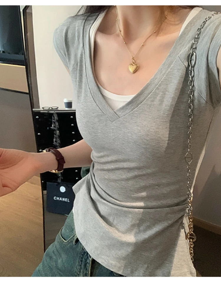 Katoen Korte Mouw T-shirt Vrouwen V-hals Tees Casual Witte T-shirts Basic Tops Koreaanse Vrouw Kleding Zomer Ropa De Mujer 2025