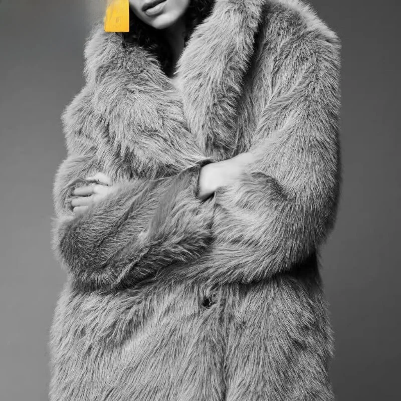معطف طويل أنيق بتأثير الفرو الصناعي، ملابس نسائية جديدة لفصلي الخريف والشتاء، ياقة على شكل V مع تفاصيل الجيوب، ملابس خارجية س...