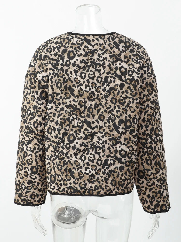 2024 Fashion Leopard Print Cotton Coat For Women Vintage O-neck Long Sleeves Pockets Jackets Fall Winter Lady Chic Warm Outwear