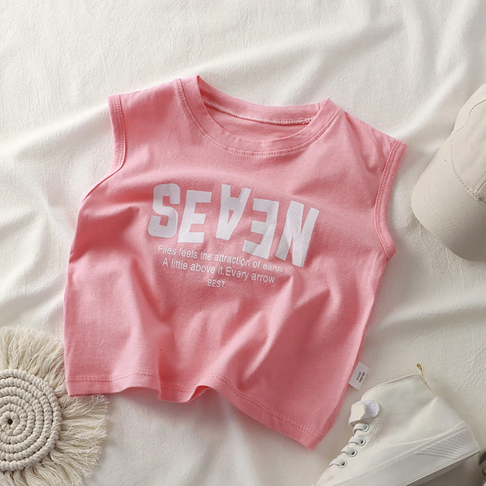 

2025 Summer Baby Kids Korean Wide Shoulder Tank Top Boys Girls Versatile Vest Children's Letter Print Sleeveless T-shirt Tops