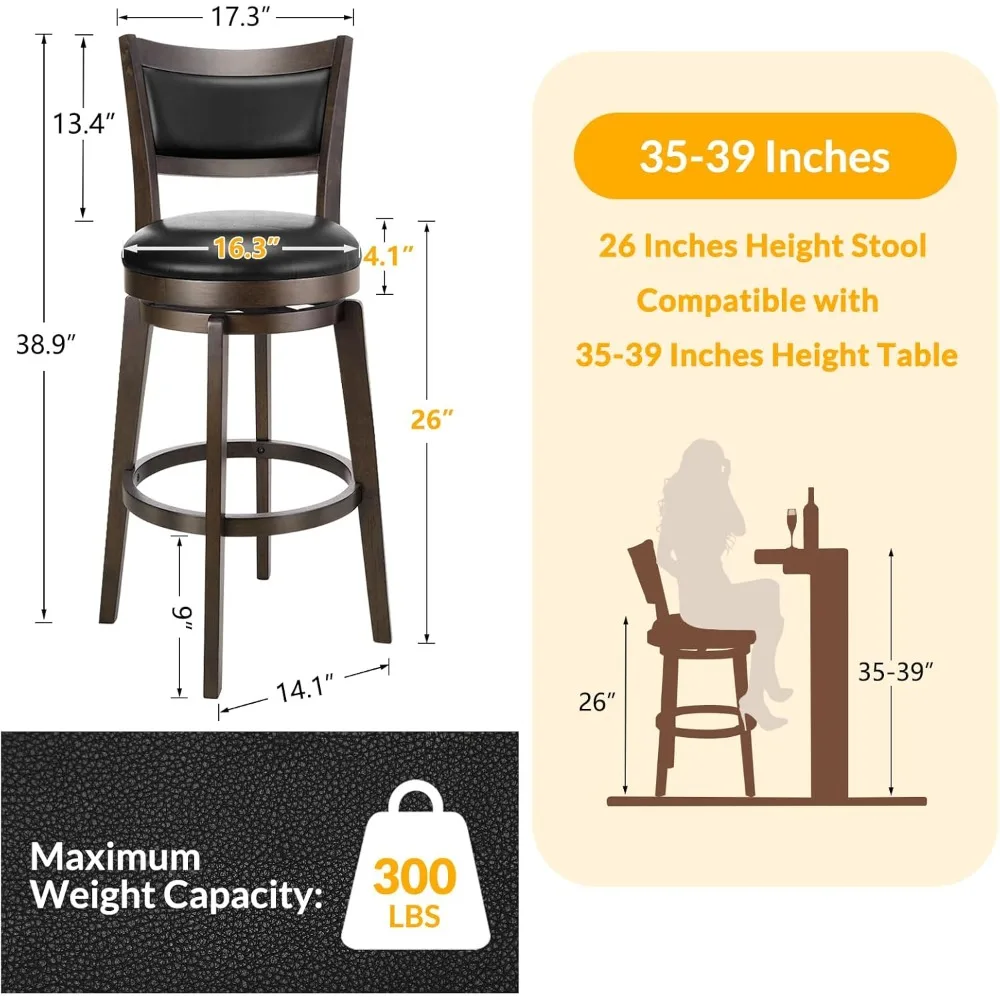Conjunto de 4 26 bancos de bar com altura de balcão, couro sintético preto com encosto alto e estrutura sólida
