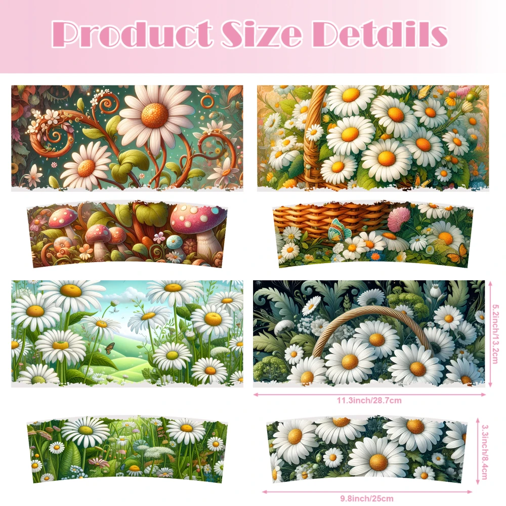 4 Sheets Daisy Flower Garden Mushroom Basket Nature Spring UV DTF Stickers for 40oz Tumblers Decorative Transfer Paper Coffee