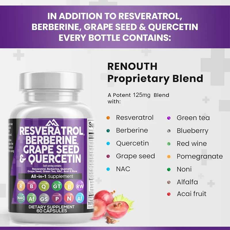 Resveratrol grape seed extract,Quercetin green tea extract,N-acetylcysteine, Acai berry extract  60 capsules vegetarian capsules