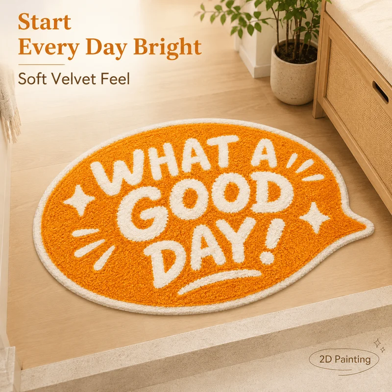 VIKAMA What A Good Day Rug Speech Bubble Irregular Shaped Orange Soft Fluffy Non Slip Washable for Living Room Bedroom Decor