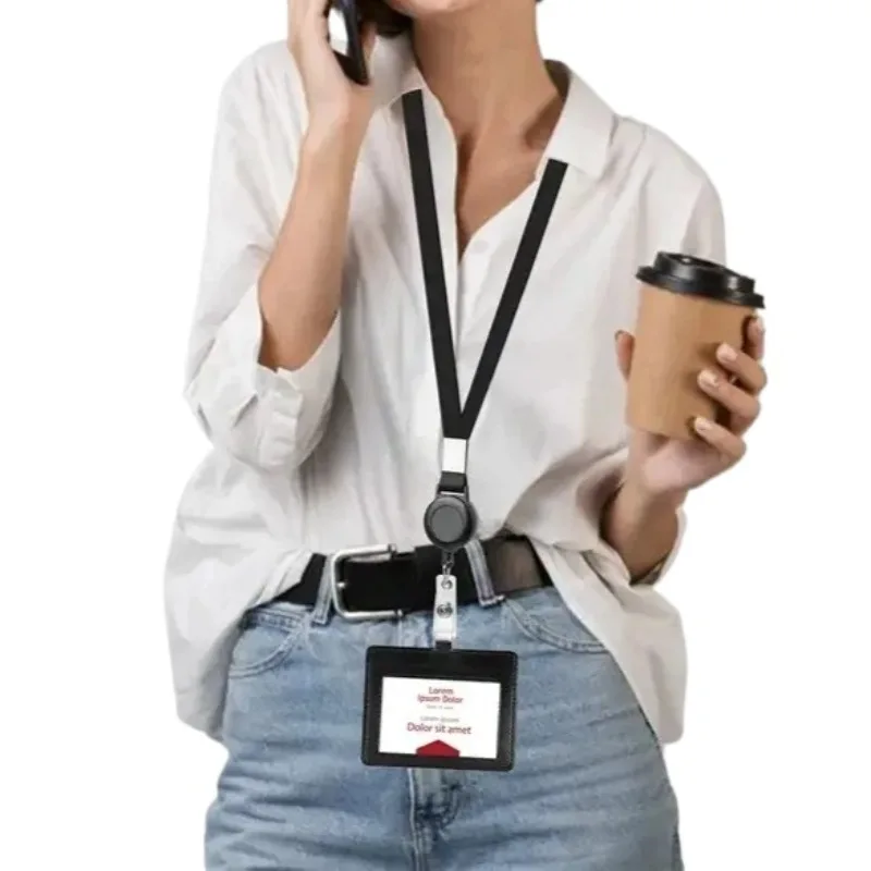 1Set PU Leather Badge Holder ID Pass Work Card Cover Sleeve with Retractable Lanyard Staff Nurse Working Permit Case Neck Strap