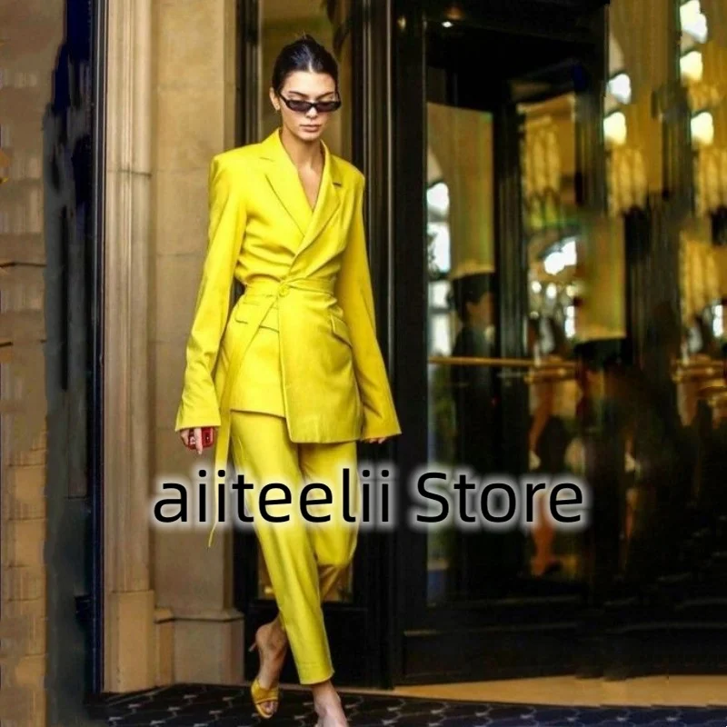 Women\'s Two-piece Suit Slim Fit Solid Color Lapel Handsome One Button Elegant Belt (Jacket + Trousers) Fashion and Ankle Trouser