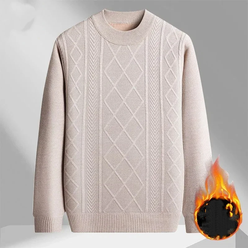 Men Crew Neck Loose Warm Fleece Lined Pullover Versatile Casual Top For Middle Aged Dad