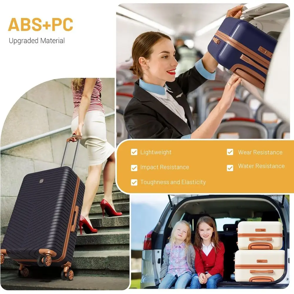 4-Piece Large ABS+PC Luggage Set with Spinner Wheels, TSA Lock, 4-Year Warranty, Dark Blue