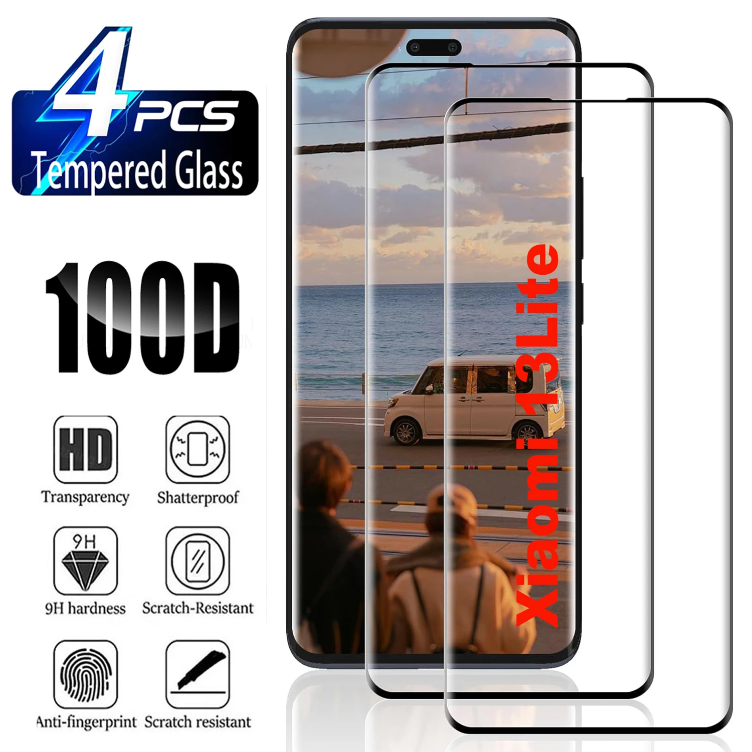 

9H Curved Four Sides Glue Tempered Glass Film For Xiaomi 13 Lite 2/4Pcs HD Screen Protector Glass