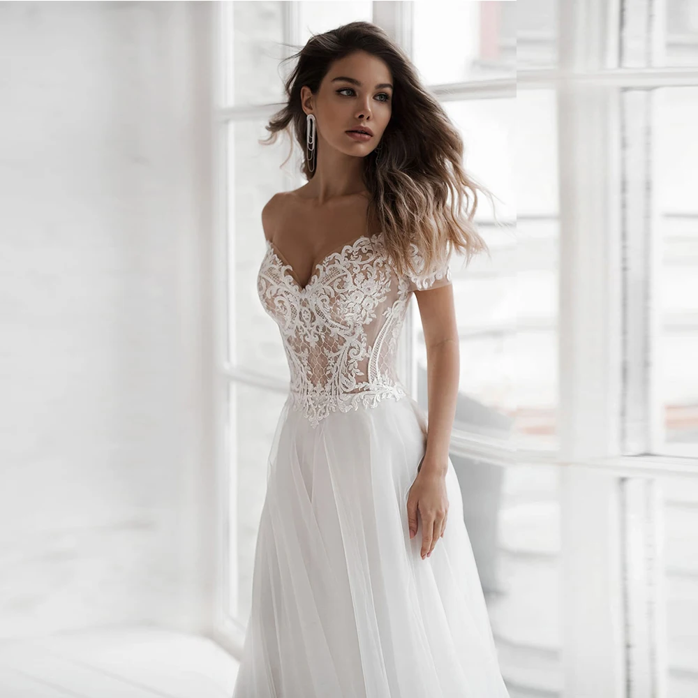 Simple Off ไหล่ Tulle 2022งานแต่งงานชุดผู้หญิง Elegant V-Neck A-Line ลูกไม้ Appliques Backless กับปุ่มชุดเจ้าสาว