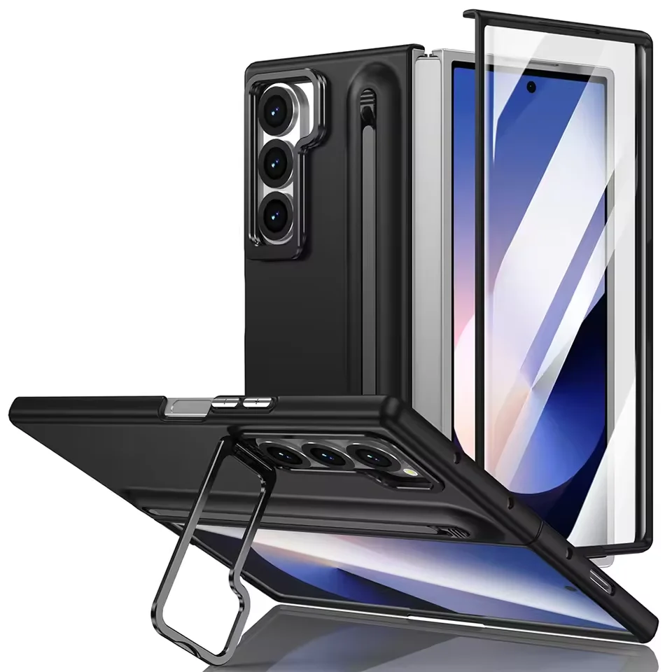 Metal Lens Stand Case For Samsung Galaxy Z Fold 7 6 5 4 With S Pen Slot Stylus Tempered Glass Screen Fold6 Fold7 Protector Cover