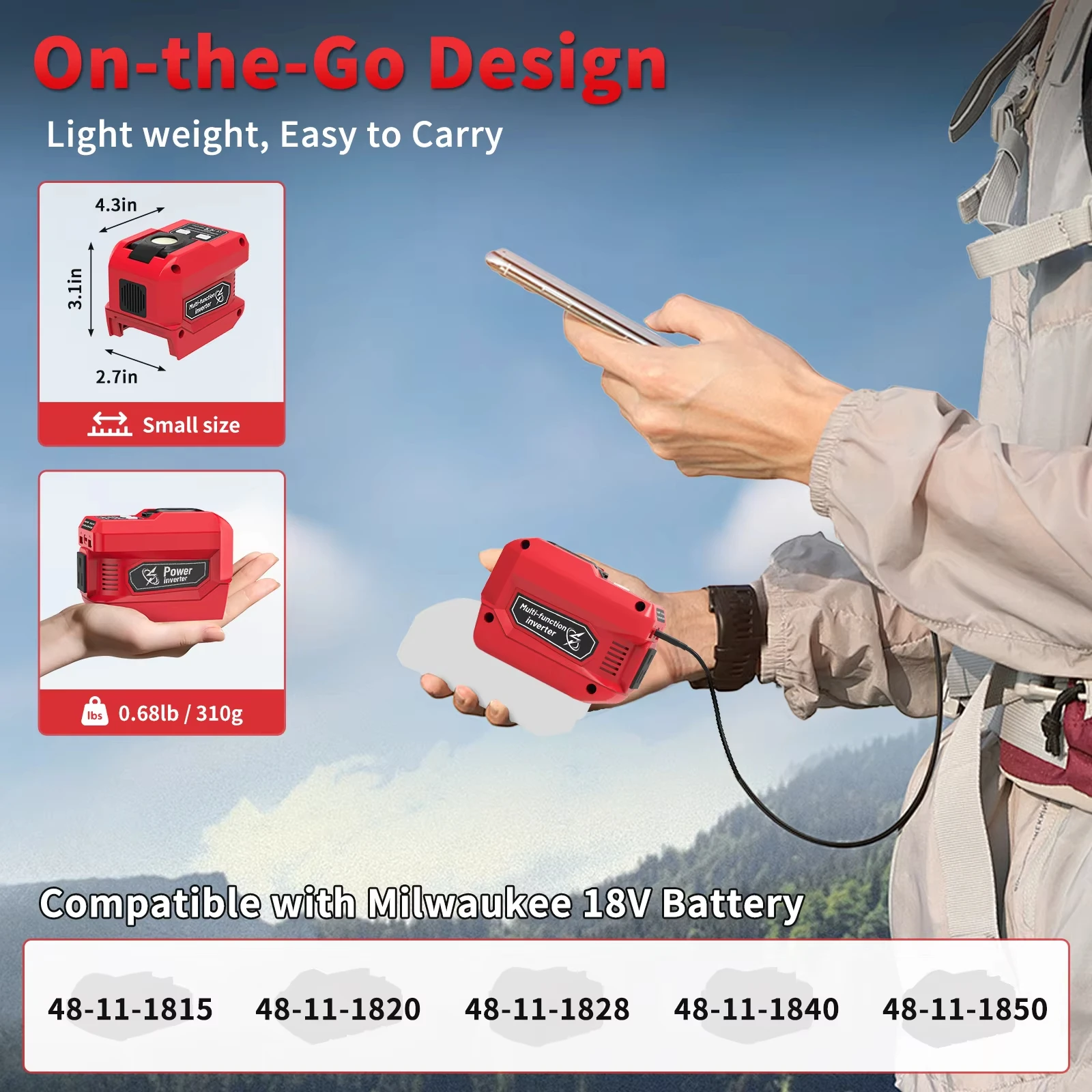 Azocek 200W Portable Power Inverter for Milwaukee 18V Battery, DC 18V to AC 110V, with 4 Output & 300LM Light, Inverter for Car