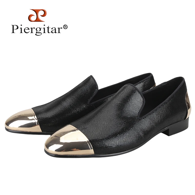 Piergitar Vintage Style Six Colors Plaid Sheepskin Slippers With Front And Back Gold Metal Toe Handmade Slip-On Men's Loafers