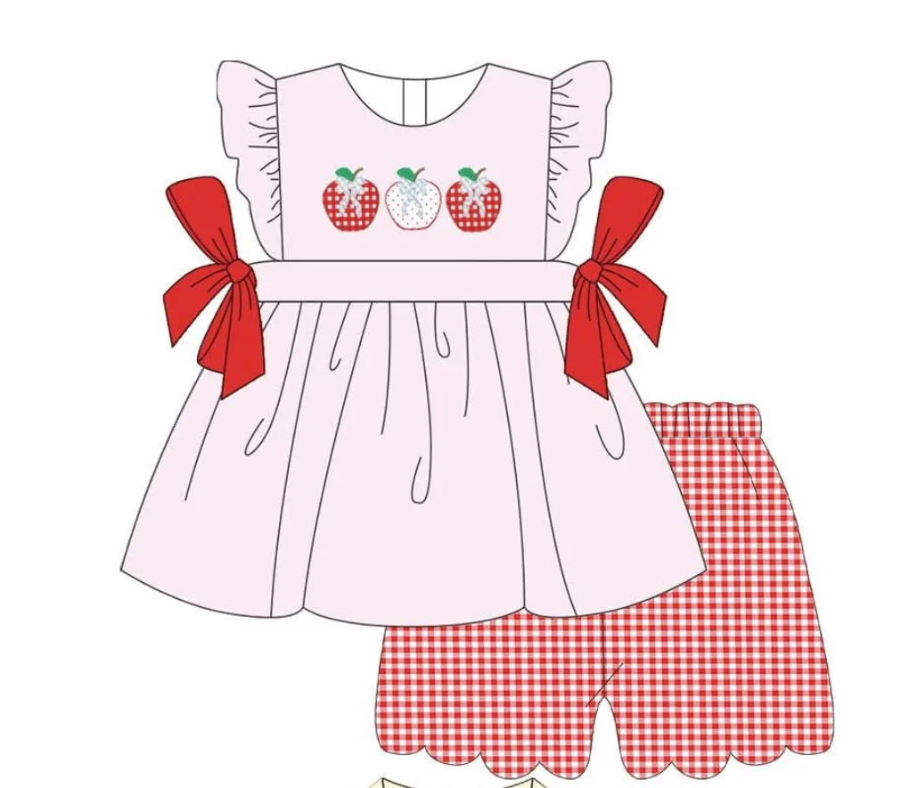 New Back to School Boutique Children's Clothing Apple Pencil Print Plaid Set Girls Casual Dress Boy Outfit