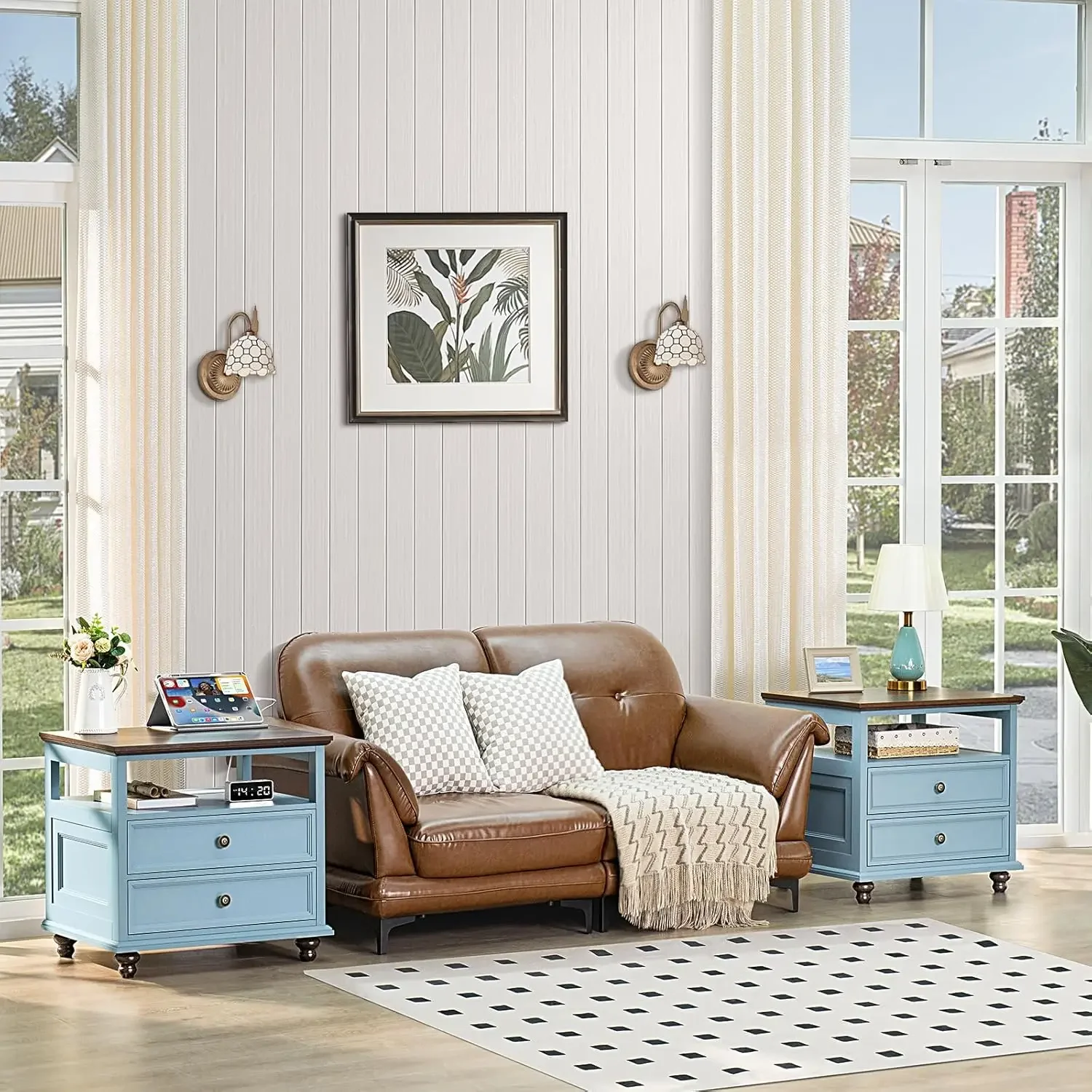 with Charging Station,  Wide End Table with Drawers,Light Blue Dresser for Bedroom,Bed Side Table Chest of Drawers Cabinet