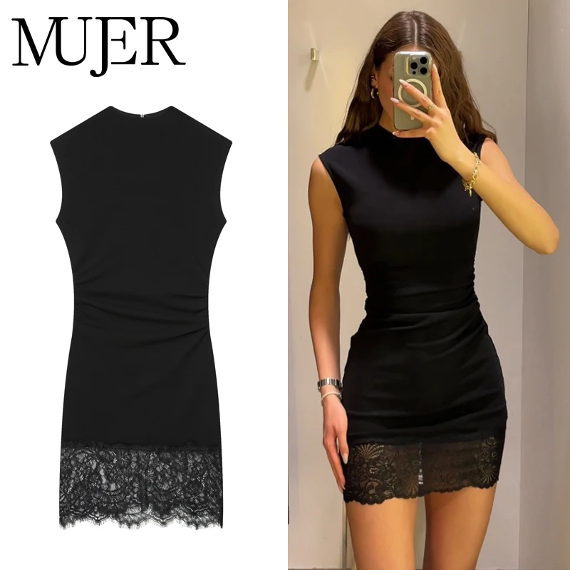 MUJER Schwarze Spitzen-Kurzkleider für Damen, plissiertes, figurbetontes Minikleid, ärmelloses Damen-Sommerkleid, elegante Partykleider