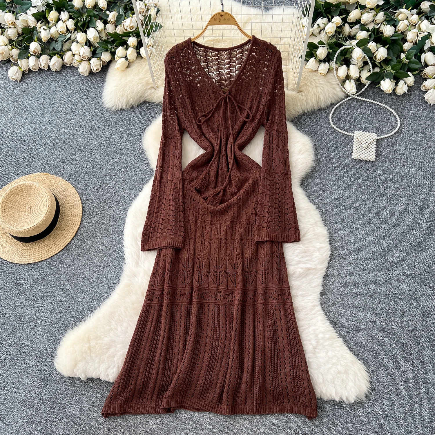 Chic vintage V-Neck Hook flower hollow Knit Elegant Fairy korean fashion Boho Sundress women clothing dress