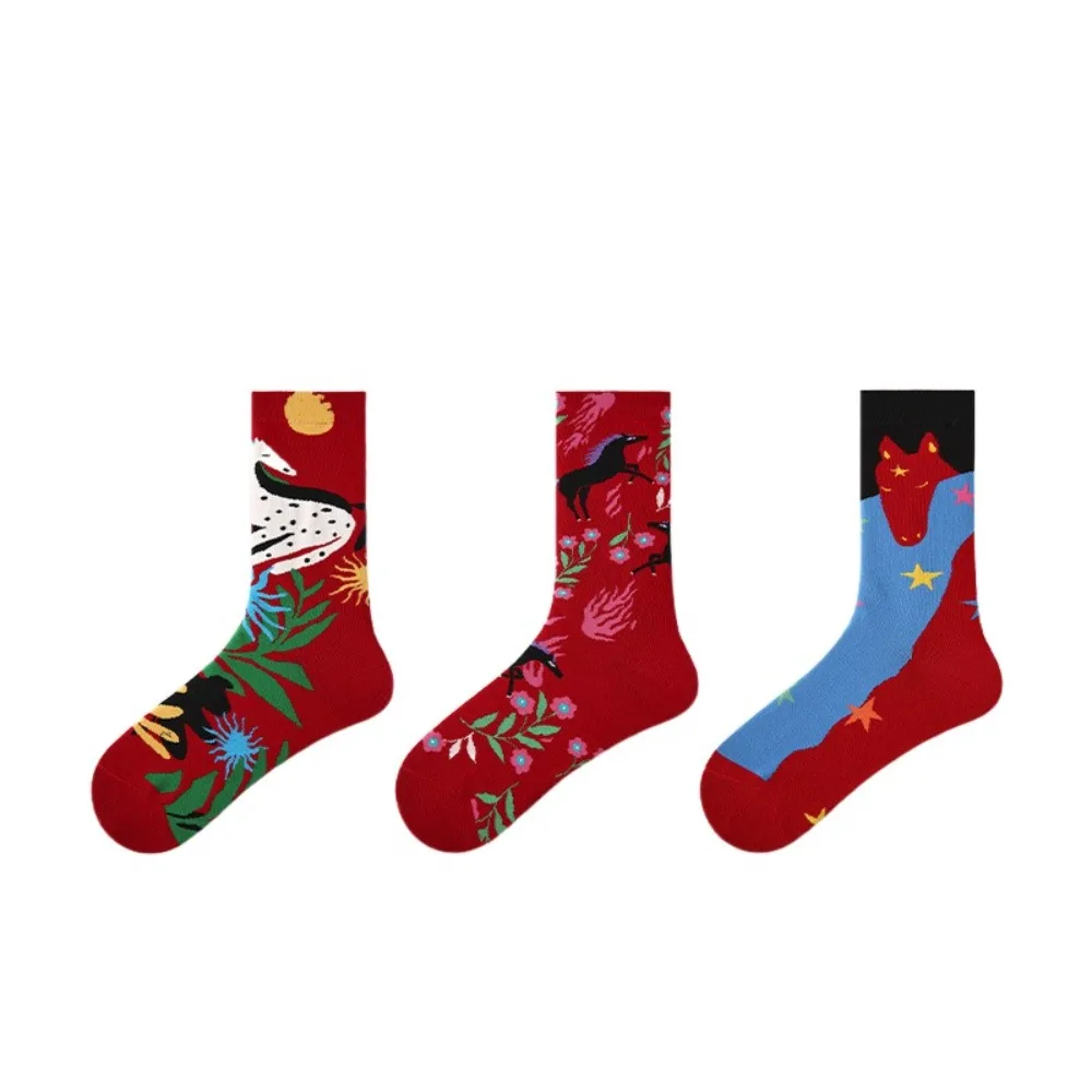 

3Pairs Winter Autumn New Year Tube Socks Cartoon Mid Calf Year of The Horse Socks Comfortable Good Luck Red Cotton Socks Gift