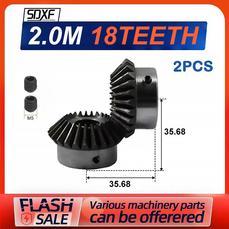 90 Degree 1:1 Speed Ratio Bevel Gear 2 Module 18 Teeth 45# Steel CNC Machined Inner Bore 8‑16mm Mechanical Transmission Drive Ge