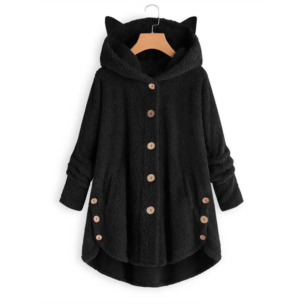 

Plu Top Hooded 's Ears Sted ear aped Bread Thiened Long Sve Pure Color Polyester Fiber Winter Coat for Women