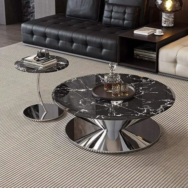 *Luxury Coffee Table Set, Slate Top with Polished Metal Bases, Elegant Modern Design for Upscale Living Spaces.