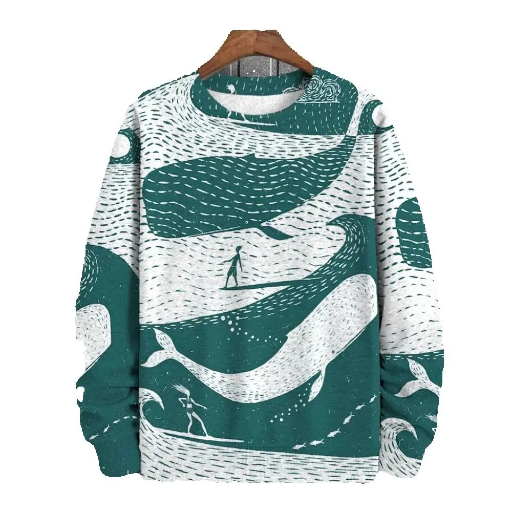 Spring Autumn Men's Ocean Fish Printed Sweatshirts Harajuku Round Neck Loose Long Sleeve Pullover Unisex Clothing Large EU Size